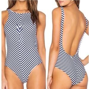 Mia Marcelle Chloe One Piece Swimsuit Large Navy White Stripe High Neck Low Back